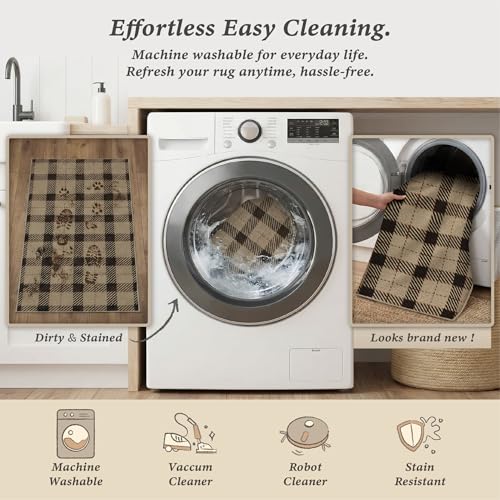 Washable Plaid Indoor Outdoor Rug 3x5 for Front Porch, Entryway, Patio, No Shed Easy Jute Non Slip TPR Backing Area Rug for Large Kitchen, Farmhouse Black & Tan Checkered Seagrass Aesthetic