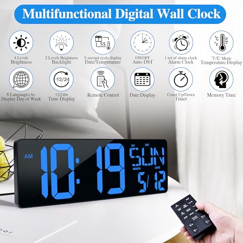 CYMHCHL 17.2" Large Digital Wall Clock Large Display with Remote Control | Timer with Temperature Date Week Auto DST Adjustable Brightness, for Living Room Classroom Garage Gym Gift for Senior Mom Dad