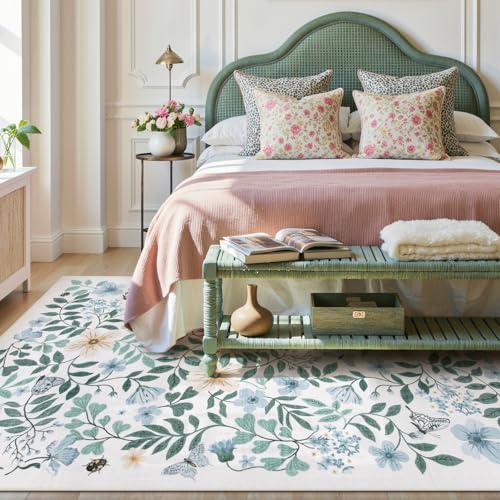 Lahome 5x7 Light Blue Rugs for Girls Bedroom, Boho Washable Floral Rug