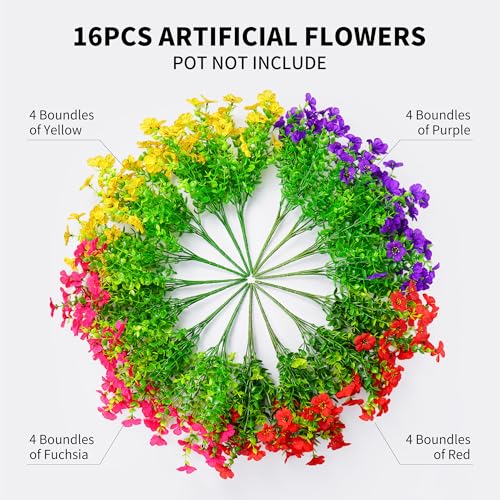 16 Bundles Artificial Fake Flowers Plants for Outdoors Spring Summer Decor,Faux Flowers Plant Silk Daisy UV Resistant for Outside Planters Front Porch Patio Yard Garden Home(Red,Purple,Yellow,Fuchsia)