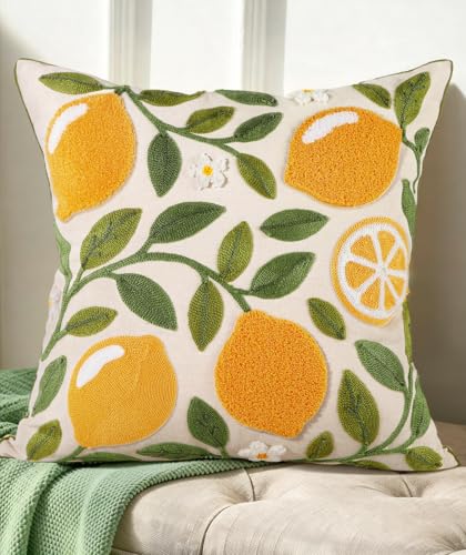 Embroidered Throw Pillow Cover, 18x18 Inch, Lemon Branch