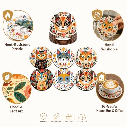 6pcs Vibrant Cat Coasters - 3.93" Floral & Leaf Patterns, Heat-Resistant Plastic Cup Coasters for Home, Bar, Office Use - Hand Washable Cat Decor Accessories