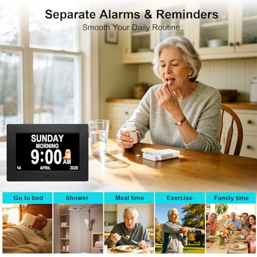 Digital Calendar Alarm Day Clock for Senior, Dementia Clock with HD Screen, Remote Control, Adjustable Brightness, Multiple Alarm Options, Alarm Clock Ideal for Alzheimers & Memory Loss