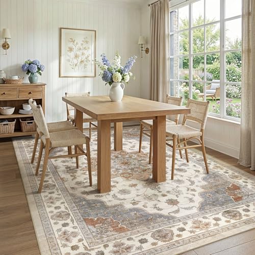 Washable Area Rug 6x8 Non-Slip Floral Boho Carpet, Beige/Ivory