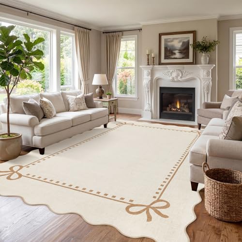 Garvee Scalloped Bow Rug for Living Room Washable Solid Beige 8x10 Area Rug