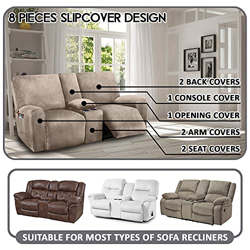 ULTICOR Reclining LoveSeat with Middle Console Slipcover, 8-Piece Velvet Stretch Loveseat Reclining Sofa Covers, 2 seat Love seat Recliner Cover, Thick, Soft, Washable, Love seat Slipcovers (Taupe)