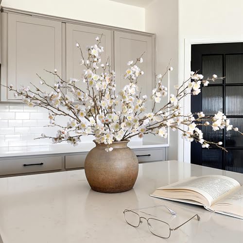 florisso 6 PCS Artificial Cherry Blossom Branches Spring Indoor Decoration, Faux Flowers 34.45" Long Stems Plum Fake Peach Plants Real Touch Silk for Wedding Home Bedroom Party Table Office, White
