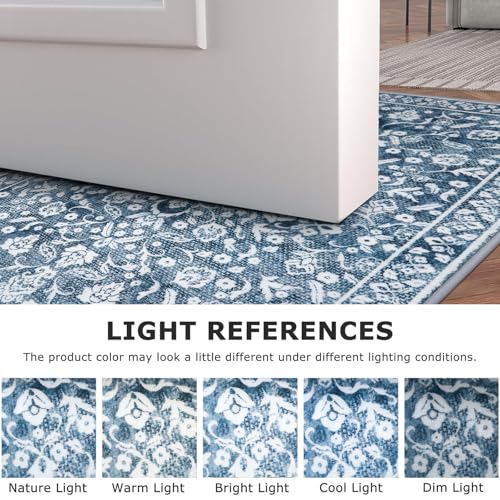 Vintage Washable 2x5 Rug, Blue and White Hallway Runner, Super Soft Non-Slip Kitchen Runner, Print Faux Wool Floral Thin Carpet for Entryway & Bedside