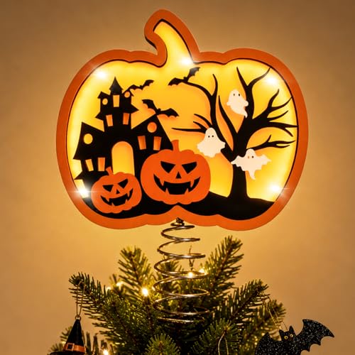 Halloween Pumpkin Tree Topper 9" 3D Pumpkin Ghost Light Shadow Box