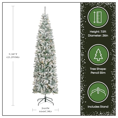National Tree Company 7.5 ft Pre-Lit Flocked Acacia Slim Artificial Christmas Tree, 350 Clear Lights, 641 Tips, Includes Stand, Green