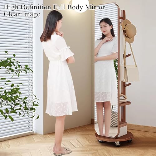 Floor-Standing Solid Wood Rotating Coat Rack，Full Length Mirror with Coat Rack 2 in 1 Floor Mirror and Coat Rack Solid Wood Frame Large Dressing Mirror for Living Room Bedroom Free Standing