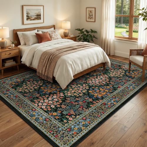 6x9 Area Rugs, Washable Floral Area Rugs for Living Room, Indoor Area Rug for Bedroom, Dining Room, Low Pile Non-Slip Non Shedding Rug(Black Floral)