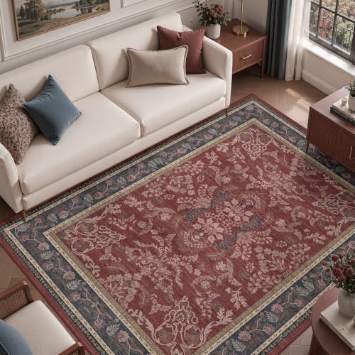 DCX 6x9 Washable Rug for Living Room, Blue and Burgundy Botanical Rug