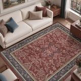 DCX 6x9 Washable Rug for Living Room, Blue and Burgundy Botanical Rug
