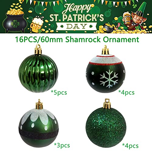 Green Christmas Balls 16ct 2.36”Christmas Tree Decoration, Shatterproof Plastic Decorative St. Patrick's Day Ball Ornaments Exquisite Designs (Green)