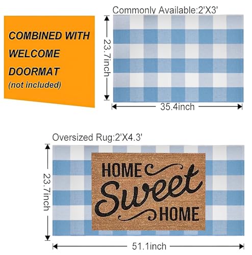 Front Porch Rug 24''x51''Light Blue and White Outdoor Rug Cotton Woven Washable Door Mat Outdoor for Layered Hello Welcome Door Mat Kitchen Farmhouse Entryway