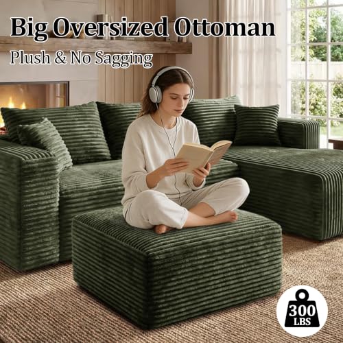 Corduroy Ottoman, Modern Boneless Cloud Foot Rest Foam Support, Oversized Modular Sectional Sofa Rectangel Stool for Living Room, Bedroom & Small Spaces, No Assembly Required (Green, Ottoman)