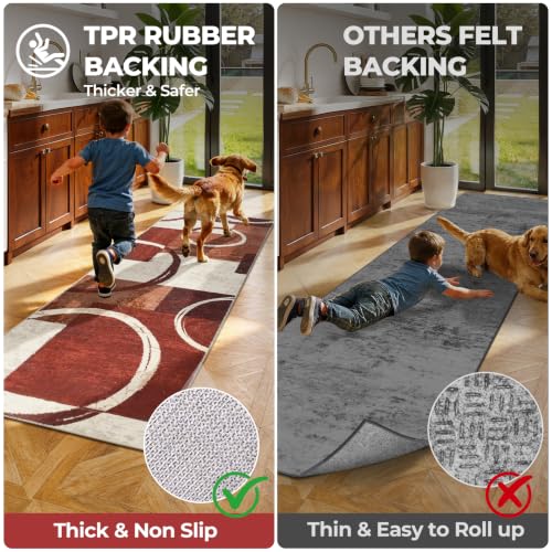 2x6 Washable Modern Abstract Runner Rug Non-Slip for Hallways, Red