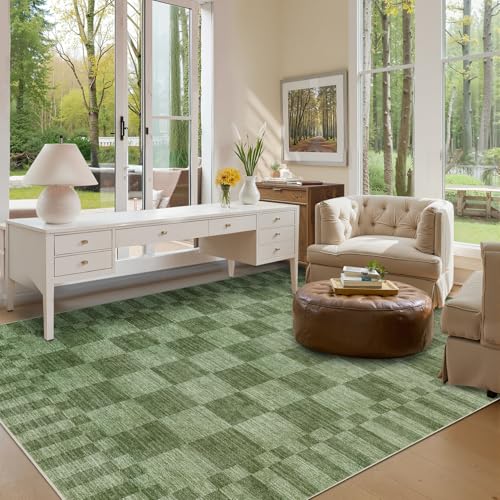 GarveeHome 8x10 Area Rugs Geometric Washable Moss Green Checkered Rug