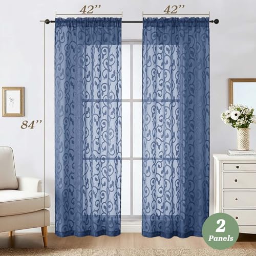 Dusty Blue Sheer Curtains 84 Inches Long 2 Panels Set for Bedroom Living Room, Soft Solid Airy Elegant Geometric Jacquard Clip Light Filtering Curtains Drapes, 2Pcs Total Wide 84" Inch