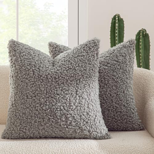 MIULEE Decorative Faux Fur Pillow Covers Sherpa 18x18 Gray