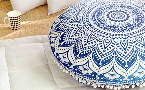 Popular Handicrafts Floor Pillow Cushion Cover - Hippie Mandala Cushion Cover Large Cotton - Pouf Cover Round Bohemian Yoga Decor, 32" Blue