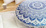 Popular Handicrafts Floor Pillow Cushion Cover - Hippie Mandala Cushion Cover Large Cotton - Pouf Cover Round Bohemian Yoga Decor, 32" Blue