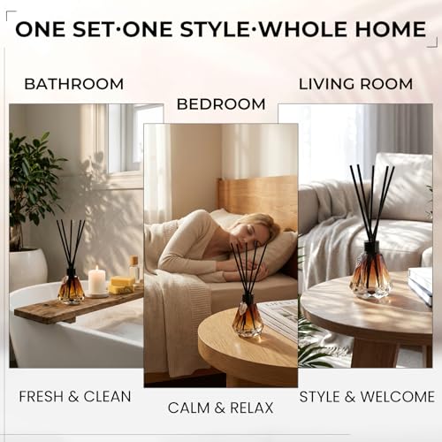 Reed Diffuser Set - 4 Empty Bottles with 20 Sticks, Delicate Gold Leaf Decor, Glass Fragrance Diffuser with Lids for Home, Bathroom | Refillable, Diamond Style (4 PCS Black)