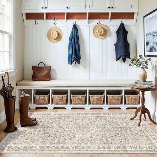 3x6 Kitchen Runner Rug Non Slip Washable - Soft Low Pile Stain-Resistant Wide Carpet Runner for Hallway Entryway Bedroom Bathroom with Rubber Backing - Boho Floral Door Mat(Beige,3x6)