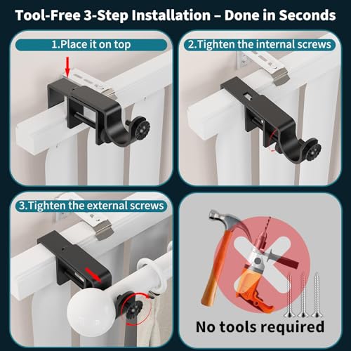 Over Blinds Curtain Rod Brackets for 1–2" Headrail Depth, Black 2PK | No Drill | Measure Before Ordering | Outside-Mount Blinds | Secure E-Clamp Grip