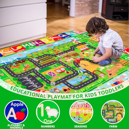 Kids Rug for Car Toy Farm Track View, Farm Life Road Traffic for Playroom Kids, Educational Play Mat for Toddlers Nursery Classroom (3-ABC Farm, S-59×39.4")