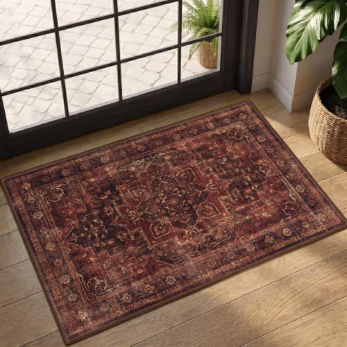 Washable Small Area Rug 2'x3', Vintage Medallion, Dark Red