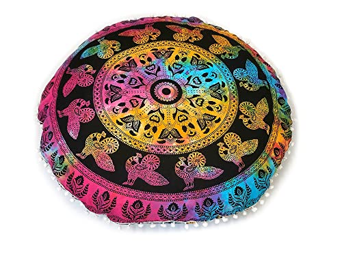 CRAFT KALA Large Hippie Floor Pillow Cover Mandala Meditation Cushion Case Pouf Cover Round Poufs Cover Bohemian Floor Cushion Cover Outdoor Fireplace Yoga Living Room Decor 32" Multi-Color Peacock