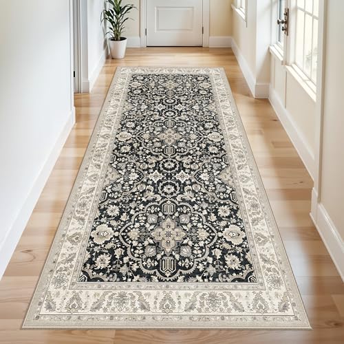 4x8 Rug Runner Non Slip: Washable Area Rugs for Wide Hallway - Soft Vintage Farmhouse Runners for Kitchen Bedroom Dining Room Living Room Entryway - Stain Resistant Low-Pile Thin Carpet Black Beige