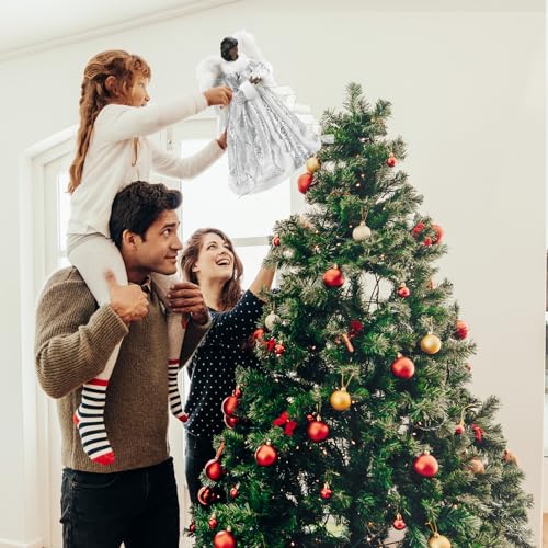 12.2'' Black Angel Christmas Tree Topper with Lights Standing African American Christmas Decorations Black Angel Figurines Treetop for Xmas Home Decor Winter Holiday(White,Cute Style)
