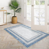 Bordered 3x5 Washable Rug,Modern Printed Area Rug for Entryway Non Slip Indoor, Blue Non Shedding Entryway Ultra Thin Carpet for Office Bedroom Living Room Decor