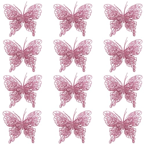 Christmas Tree Butterfly Ornaments Pink Glitter Butterfly Decorations Artificial Butterflies with Clip & Stem for Xmas Party Wreath Garland Decor - 12-Pack 5inch 3D Hollow Butterflies