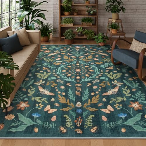 Lahome Washable Insect Botanical 8x10 Area Rugs for Living Room - Machine Washable Non-Slip Dark Green Nursery Rug, Boho Low Profile Soft Faux Wool Carpet for Bedroom Laundry Playroom Dining Room