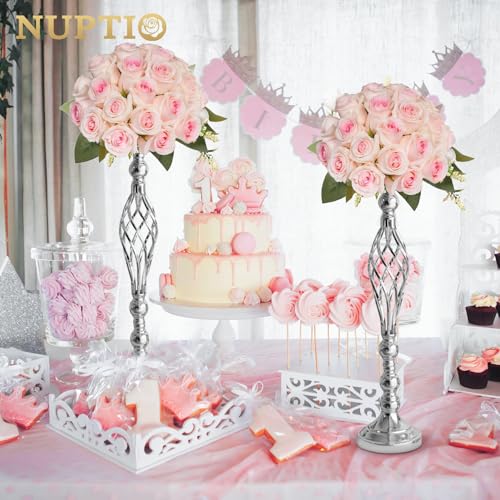 NUPTIO Silver Centerpiece Stand for Table, Twist Style, 22.8" Tall, 2 Pcs