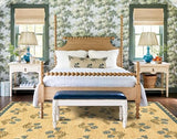 Floral 5x8 Living Room Rug, Blue Brown Scalloped Bedroom Area Rug