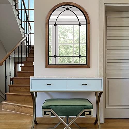 blue page 36x24 Inch Arched Wall Mirror with Rustic Wood Frame, Farmhouse Window Pane Mirror for Entryway, Bathroom Vanity and Living Room Decor, Dot Brown