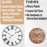 Large Wall Clock 24" Round - Silent Metal & Wood Large Farmhouse Wall Clock For Living Room Decor with 3D Roman Numerals - No Ticking - Noiseless Big Wood Decorative Clocks for Living Room Decor