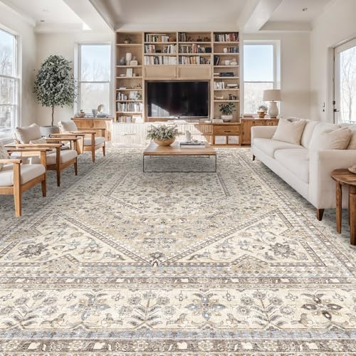 12x15 Washable Area Rug for Living Room - Non-Slip Vintage Rugs Beige Gray