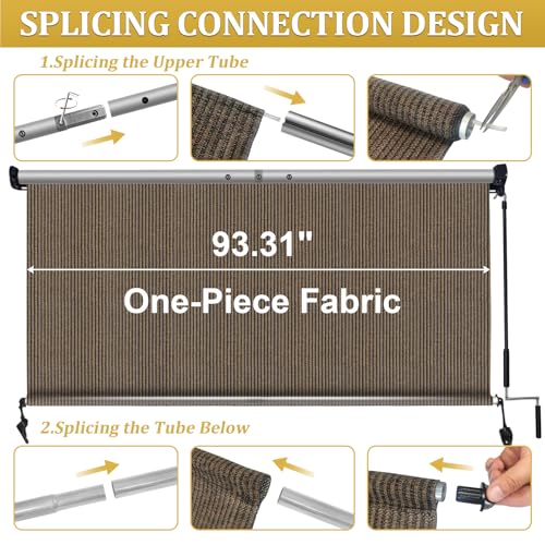 Shade&Beyond Outdoor Roller Shades with Splicing Design, 8' W x 8' H Cordless Patio Roll Up Blinds, Exterior Shade Cloth Roll for Porch, Gazebo, Pergola, Balcony, Mocha