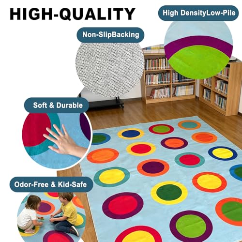 Large Classroom Rugs Elementary 6'7'' x 8'6'', Machine Washable Classroom Rug with Colorful Rings for Daycare & Preschool, Soft Non Slip Carpet for Kids Room Playroom, Seats 20 (Blue)