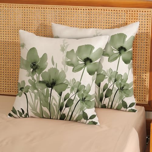 Spring Floral Pillow Covers 18x18 Inches Set of 2,Sage Green Floral Throw Pillow Covers Outdoor Summer Flower Decoration Pillowcase Farmhouse Decorative Square Linen Cushion Cover For Home Sofa