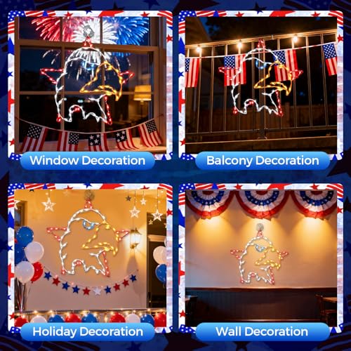 13.7" 4th of July Window Silhouette Light, 4th of July Eagle Decorations with 60 LED Red White Blue Lights, USB Powered with Remote & Timer, Independence Day Decoration for Indoor & Outdoor
