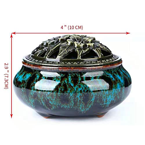 Censer Sky Blue Incense Burner with Calabash Incense Stick Holder - Porcelain Charcoal Censer for Use with Resin Granular Powder Cone or Coil Incense (Blue Fambe)