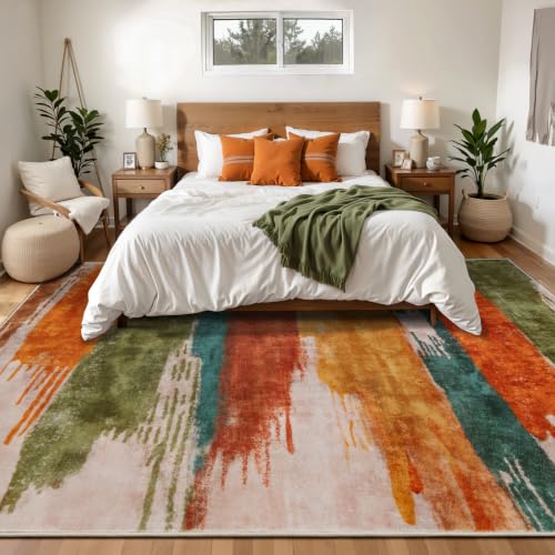 9x12 Area Rug Living Room Rug, Modern Abstract Washable Rug Orange