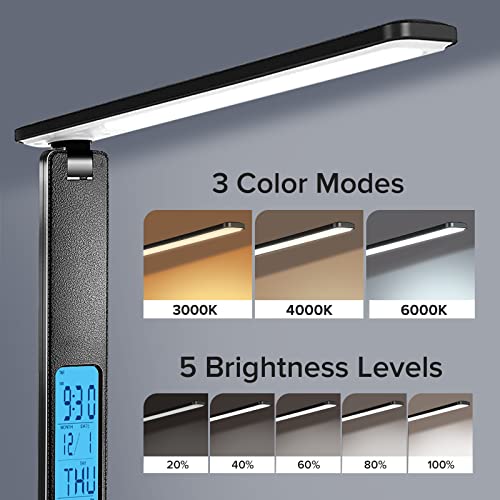 Desk Lamp with Wireless Charger: USB Charging Port, Table Lamp with Clock, Desk Lamps for Home Office College Dorm Room Essentials